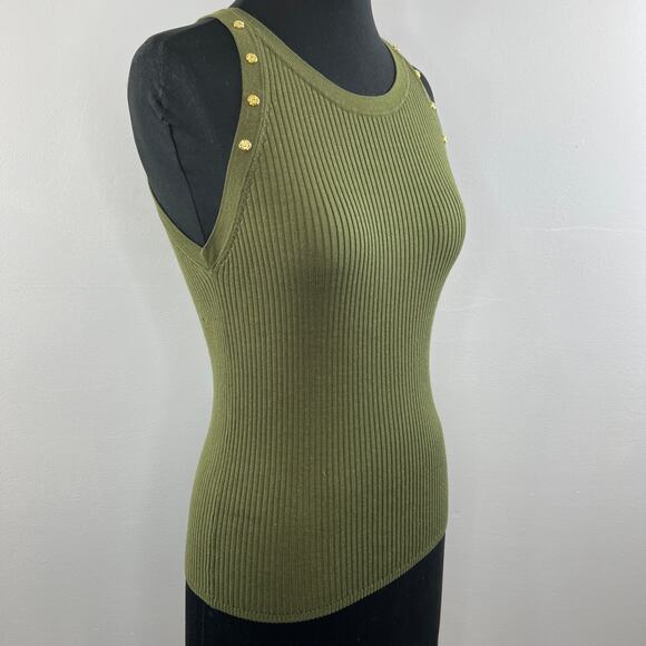 SANDRO Green Ribbed Knit Slim Fit Gold Charm Sleeveless Scoop Fitted Tank 3 - Picture 2 of 7